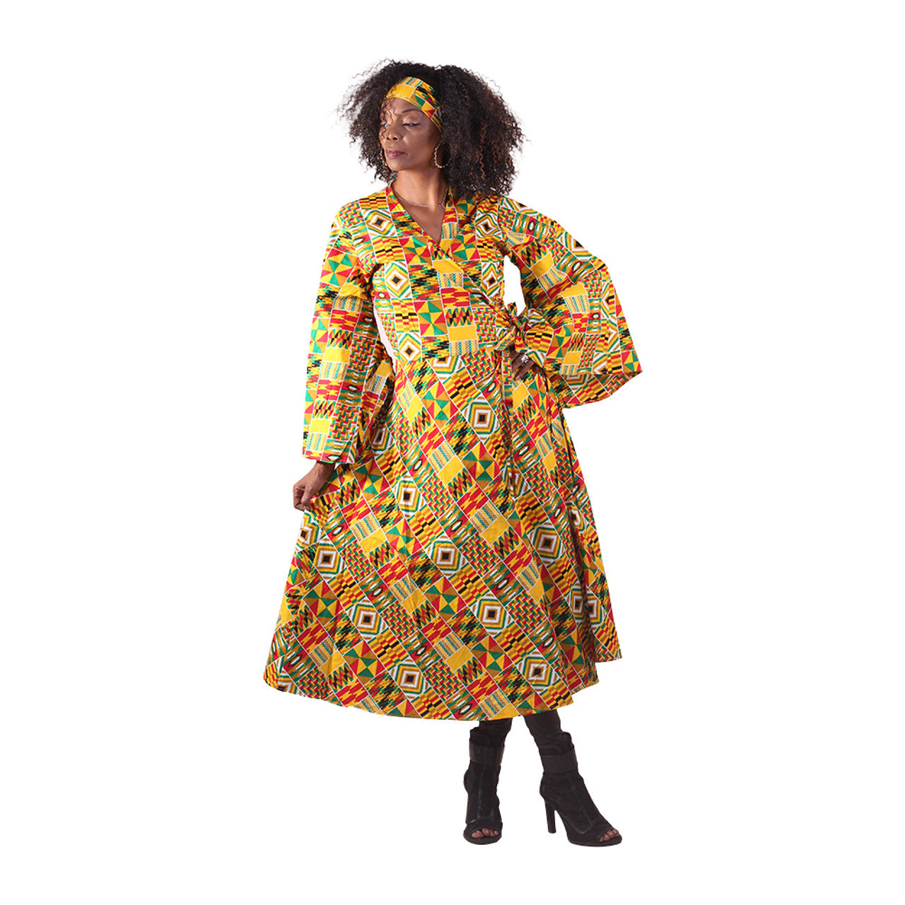 Gold/Red/Green Kente Print Wrap Dress